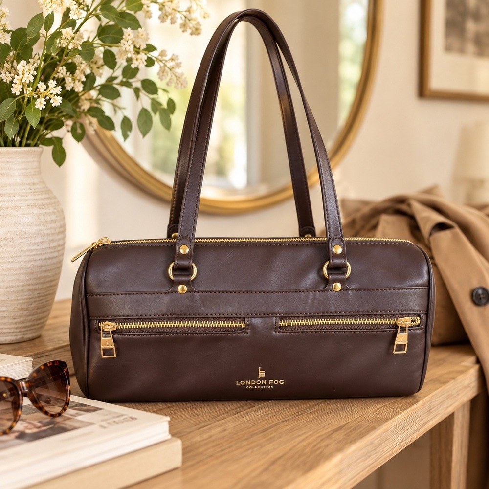 London Fog Collection Brown Faux Leather Barrel Shoulder Bag Gold Hardware
